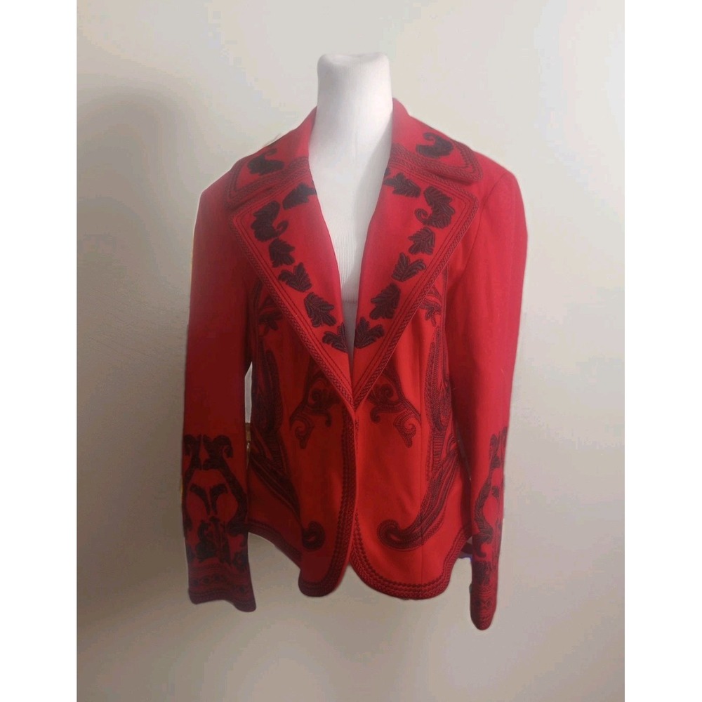Peter Nygard Red Black Embroidered Zelda Blazer Jacket Size 14 Wool Statement